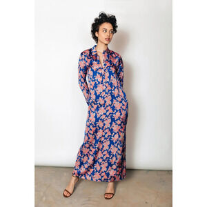 Chloe Kristyn Morgan Dress Long Sleeve Collared Belted Maxi Navy Floral NWT XS